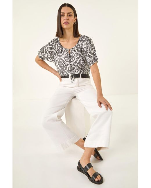 Roman Natural Mono Printed Tie Neck Top