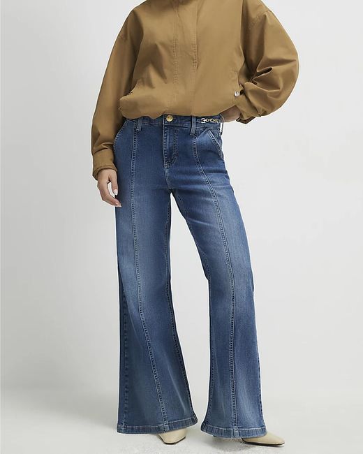 River Island Blue Flared Jeans Petite High Rise Snaffle Cotton
