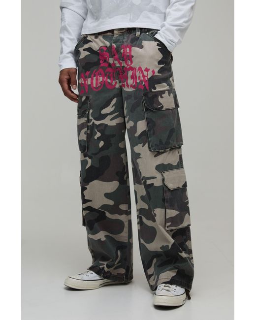 BoohooMAN Gray Baggy Crotch Print Camo Trouser for men