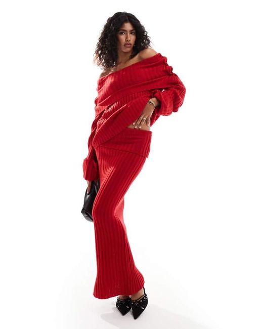 SNDY'S Red Rib Knit Foldover Maxi Skirt Co-Ord