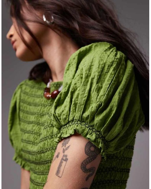 TOPSHOP Green Shirred Mini Dress With Contrast Stitch