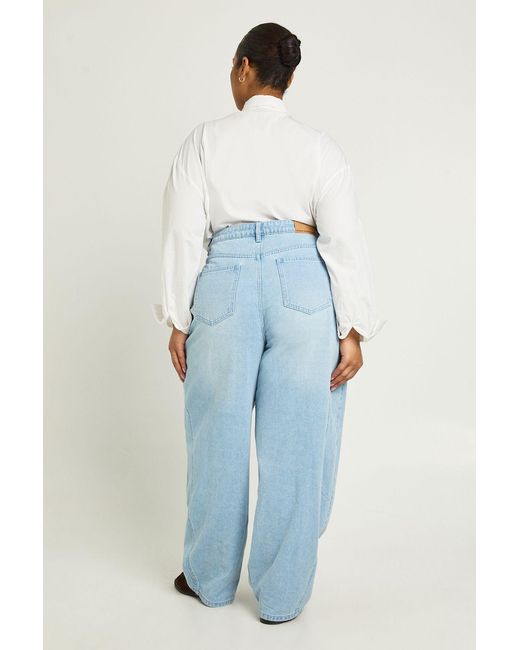Boohoo Blue Plus Mid Waist Twisted Seam Barrel Leg Jean