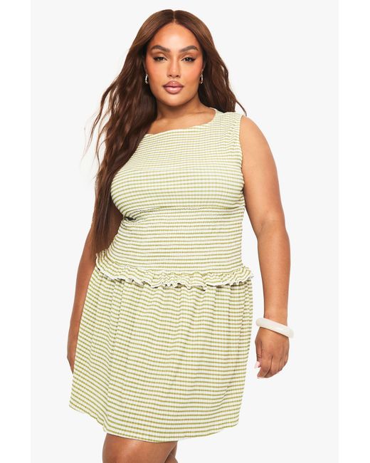 Boohoo White Plus Shirred Waist Gingham Mini Skater