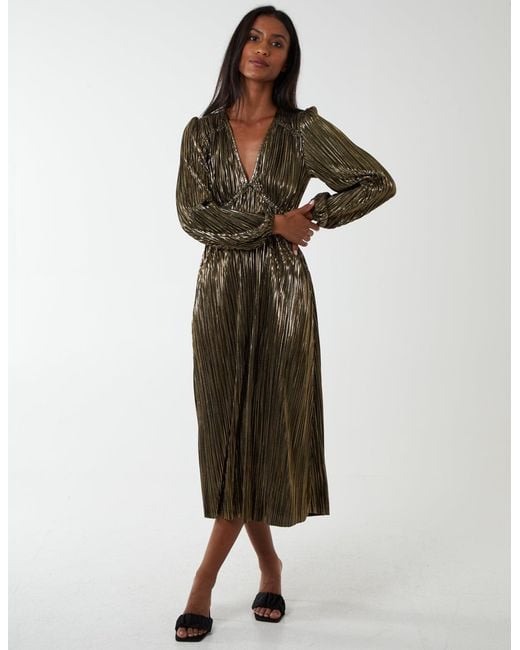 Blue Vanilla Natural Plisse V Neck Elasticated Midi Dress