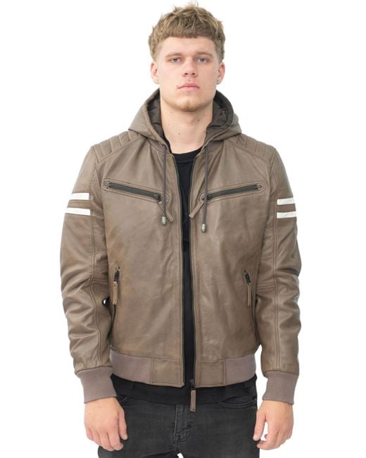 Infinity Leather Brown Hooded Retro Bomber Jacket for men