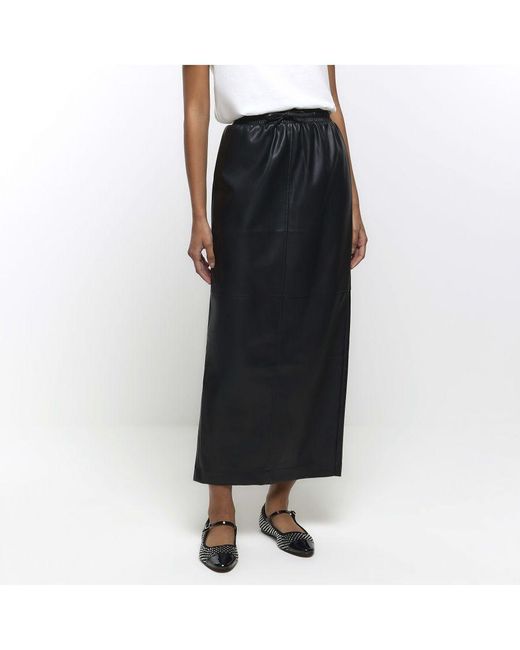 River Island Black Maxi Skirt Faux Leather Elasticated Pu