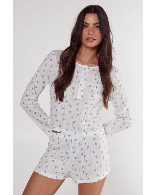 Nasty Gal White Pointelle Ditsy Floral Long Sleeve Top And Short Pajama Set