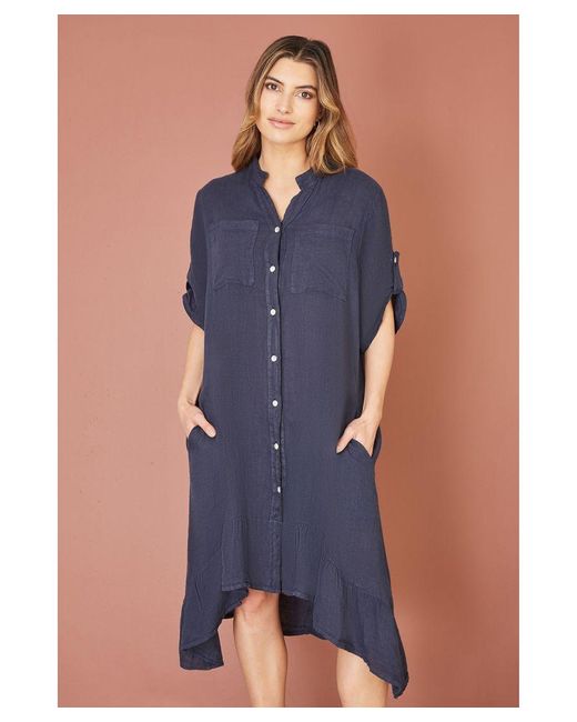Yumi' Blue Khaki Italian Linen Shirt Dress With Frill Hem
