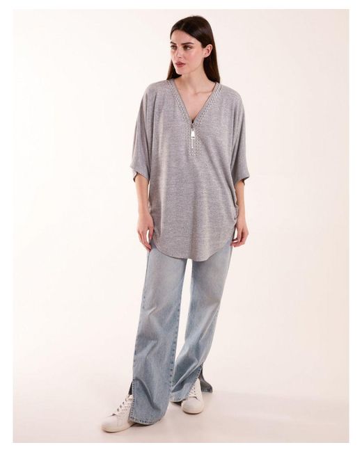Blue Vanilla Gray Studded Zip Front Top