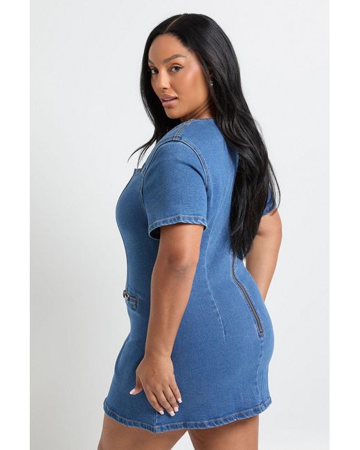 Boohoo Blue Plus Denim Trim Button Down Shift Dress