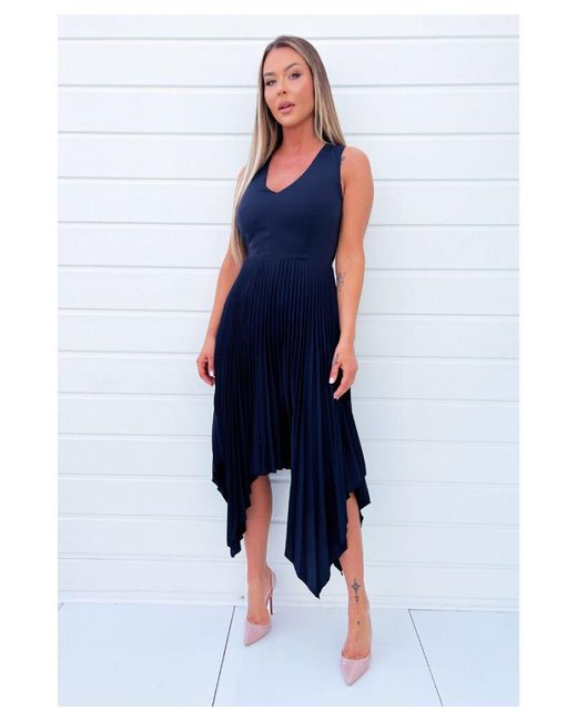 AX Paris Blue V Neck Pleated Skirt Belted Waist Midi Dress