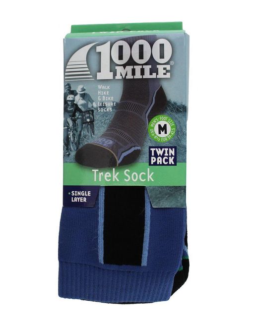 1000 Mile Socks Blue 2 Pack Trek Single Layer Breathable Walking Merino Wool for men