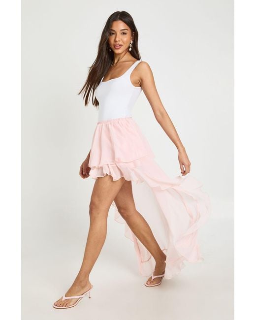 Boohoo Pink Ruffle High-Low Maxi Skirt