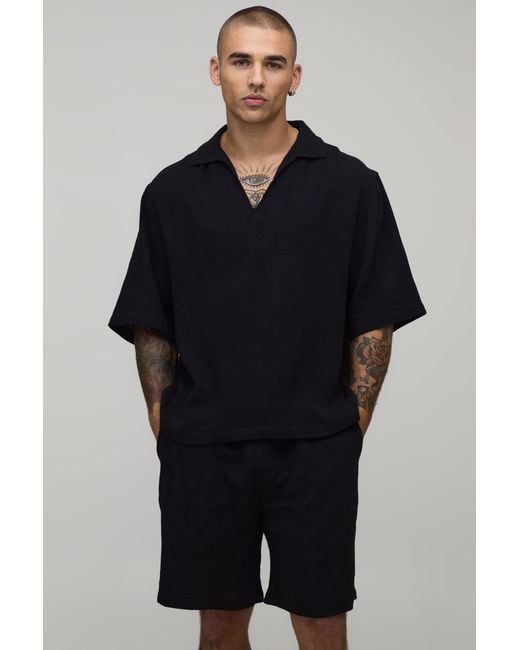 BoohooMAN Blue Cheesecloth Oversized Half Sleeve V Neck Shirt & Relaxed Short Set for men
