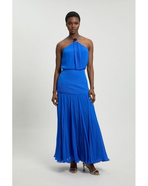 Karen Millen Blue Viscose Georgette Drop Hem Woven Halter Neck Maxi Dress