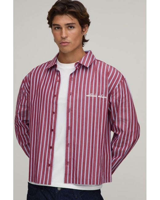 BoohooMAN Oversized Embroidered Boxy Long Sleeve Stripe Shirt for men