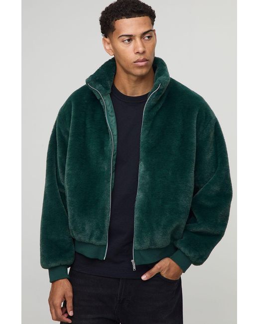 BoohooMAN Green Regular Fit Faux Fur Funnel Neck Bomber Jacket for men