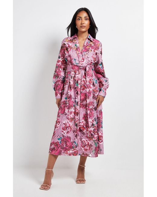 Wallis Red Petite Floral Lace Print Belted Midi Dress