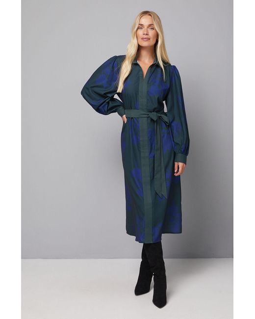 Wallis Blue Petite Floral Print Button Shirt Midi Dress