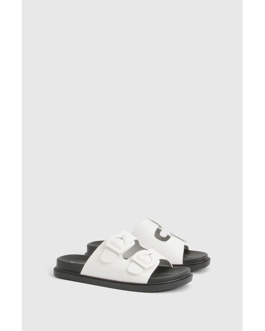 Boohoo White Double Strap Buckle Detail Platform Sliders