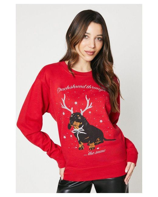 Dorothy Perkins Red Dachshund Through The Snow Christmas Sweatshirt Cotton