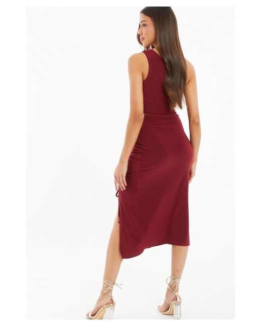Quiz Red Ruched Bodycon Midi Skirt