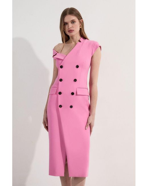 Karen Millen Pink Petite Compact Stretch Asymmetric Collar Tailored Pencil Maxi Dress