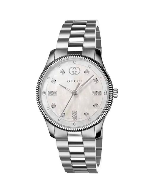Gucci Metallic Ya1265064 G-Timeless Ladies Watch 29 Mm Mother Of Pearl Dial Diamond Accents