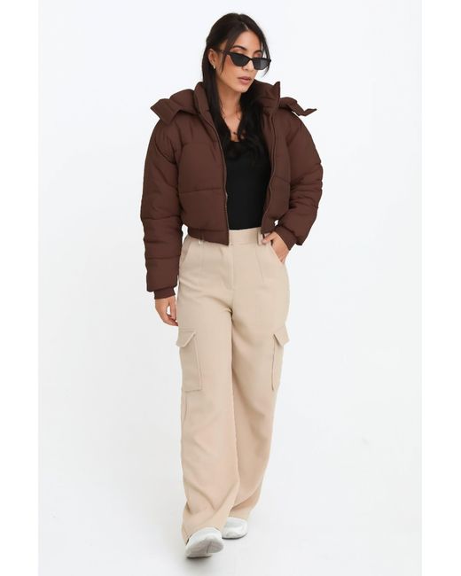 Femme Luxe Brown Cropped Padded Long Sleeve Zip Front Shower Proof Jacket
