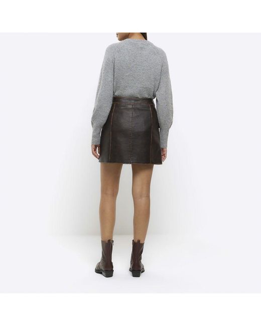 River Island Gray Mini Skirt Brown Faux Leather Distressed Pu