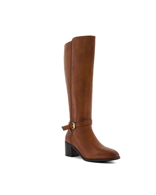 Dune Brown Ladies Trusti 2 Buckle Heeled Knee High Boots Leather