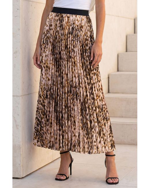 Roman Brown Animal Print Pleated Midi Skirt