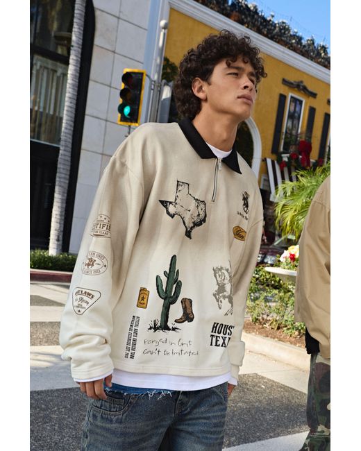 BoohooMAN Multicolor Oversized Western Printed Badged Rugby Sweatshirt for men