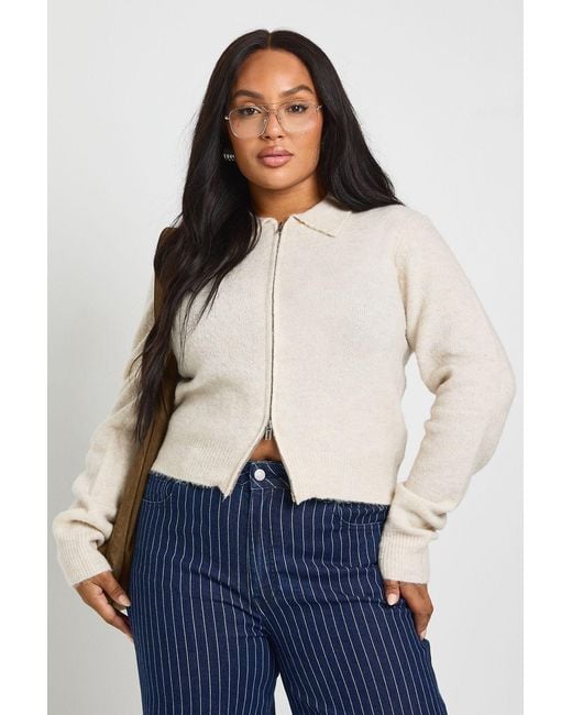 Boohoo Blue Plus Collared Zip Up Soft Knit Cardigan