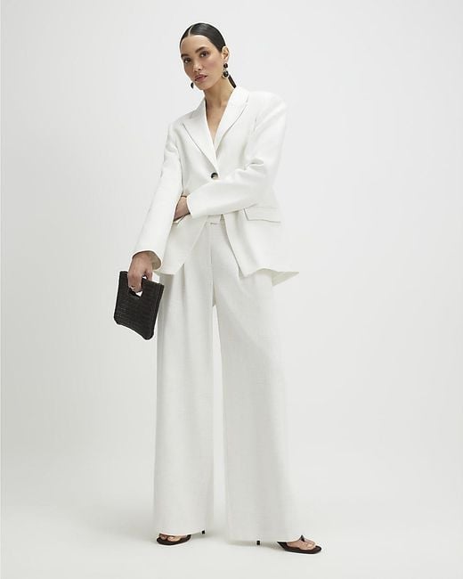 River Island White Wide Leg Trousers Linen Look Pleated Cotton
