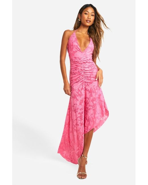 Boohoo Pink Burnout Floral Ruched Front Maxi Dress