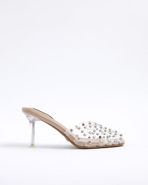 River Island White Mule Heeled Sandals Caged Perspex Diamante