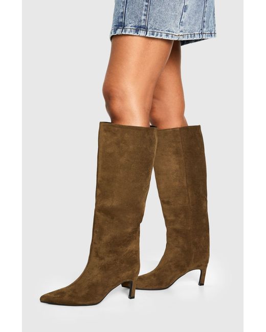 Boohoo Green Faux Suede Column Pointed Knee High Heeled Boots
