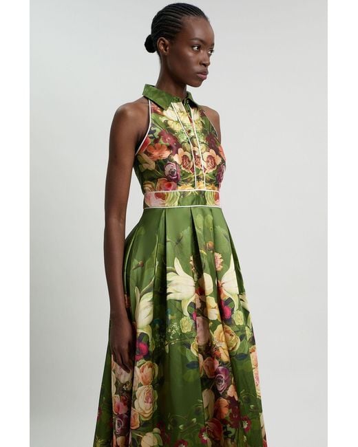 Karen Millen Green Petite Floral Twill Collared Maxi Dress