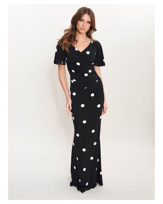 Gina Bacconi Black Spaced Spot Jersey Maxi Dress With Tucks