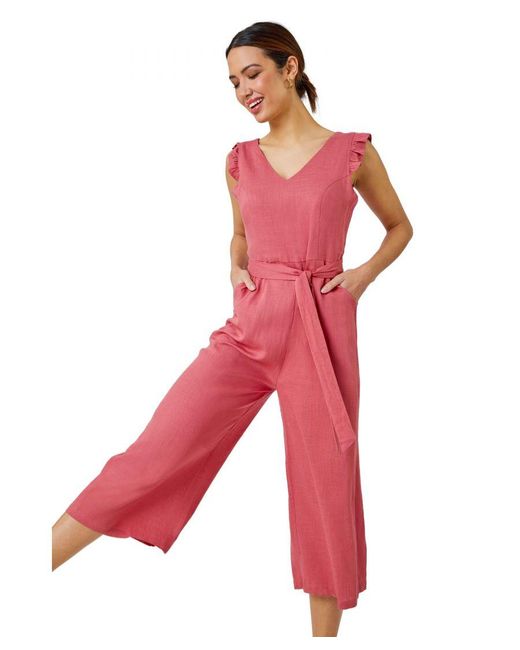 Roman Red Linen Blend Cropped Frill Jumpsuit