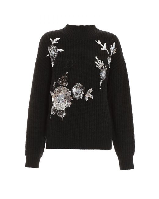 Quiz Black Sequin Floral Knitted Jumper