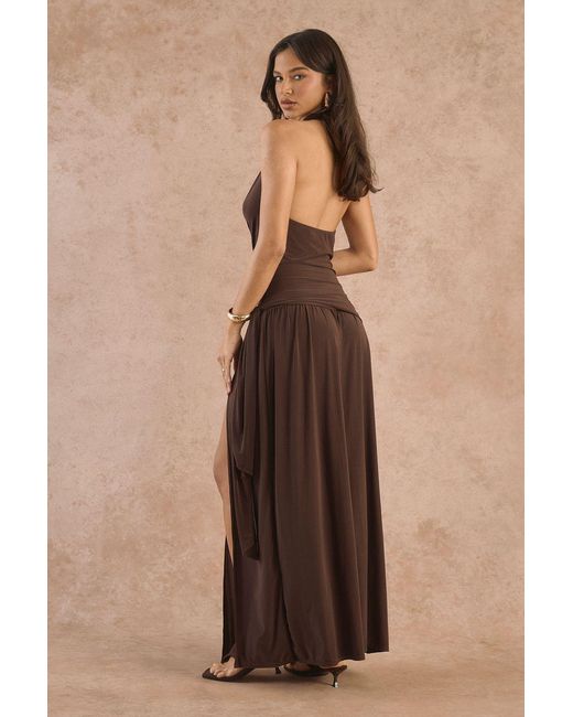 Boohoo Brown Halter Neck Dropped Wrap Waist Maxi Dress