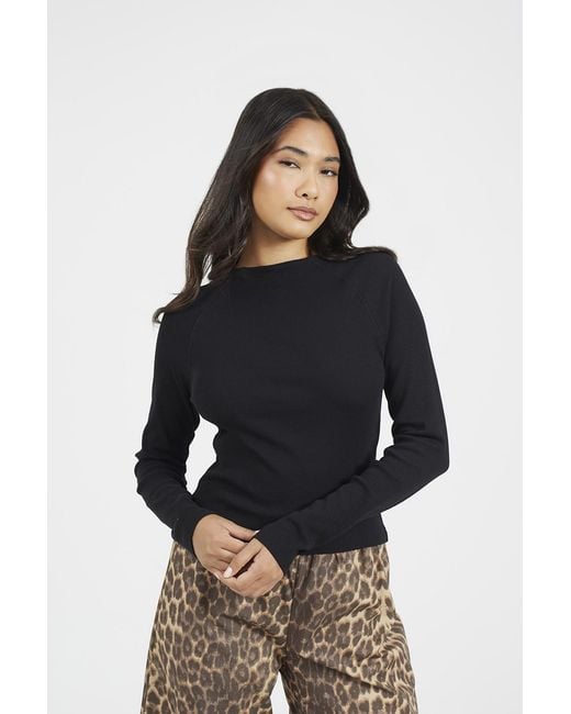 Brave Soul Black Slash Neck Long Sleeve Ribbed Top