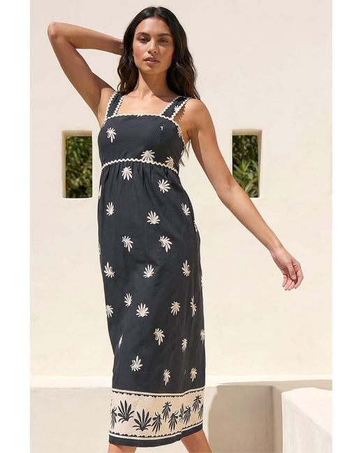 Roman Black Leaf Print Ric Rac Midi Dress