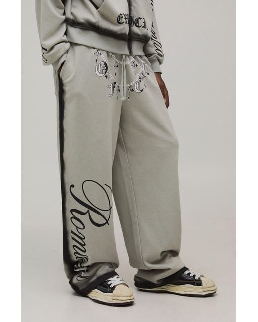 BoohooMAN Gray Wide Leg Spray Wash Slogan Printed Joggers for men