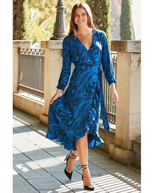 Sosandar Blue Swirl Print Ruffle Hem Midi Wrap Dress