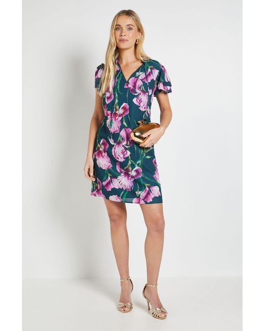 Wallis Blue Petite Floral Ruffle Neck Shift Dress