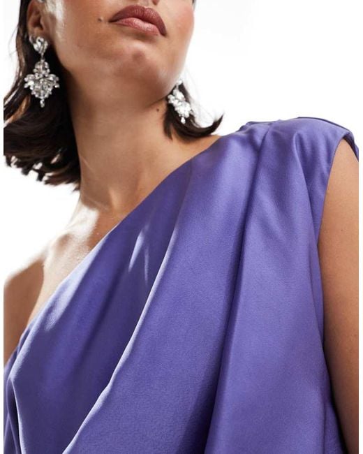 ASOS Purple Satin Off Shoulder Draped Midi Dress With Split