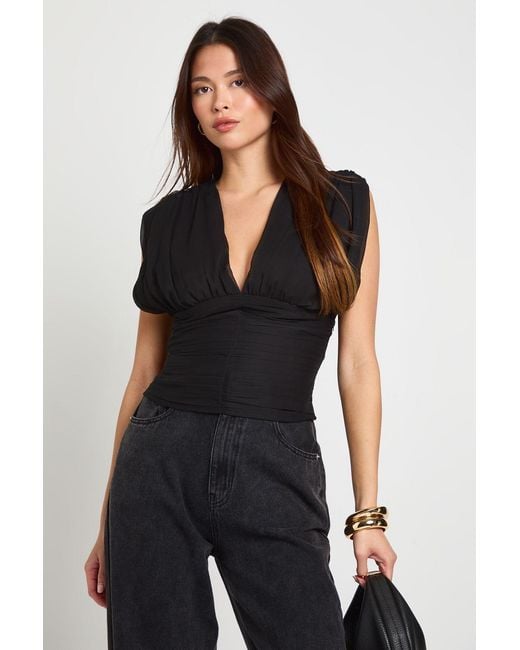 Boohoo Black Pleated Chiffon Plunge Top